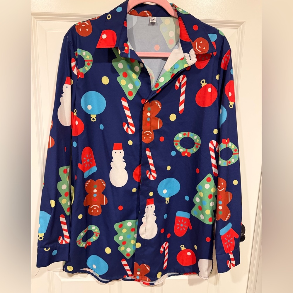 Men's XL Shirt Christmas Novelty Print Purple Multi Long Sleeve